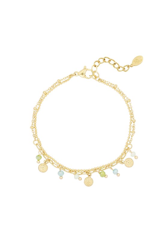Bracelet double avec perles - Yehwang - 16 + 3 cm - Acier inoxydable (ne décolore pas !) - Bracelet étanche - Bracelet doré - Perles bleues - Sans nickel - Cadeau Noël - Cadeau Sinterklaas - Fête des Mères - Saint Valentin - Bracelet