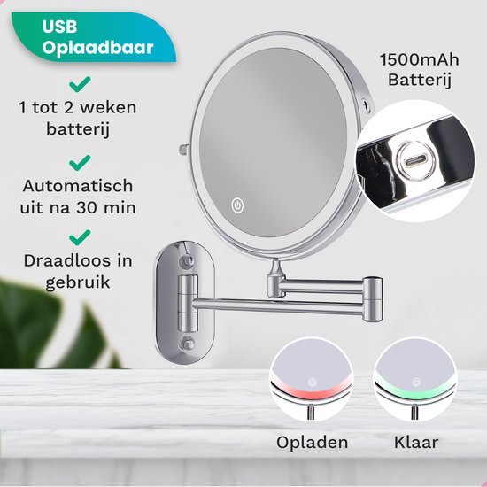 USB oplaadbare spiegel met 1500mAh batterij, 1-2 weken gebruik, automatisch uit na 30 min. Toont rood (laden) of groen (klaar) lampje.