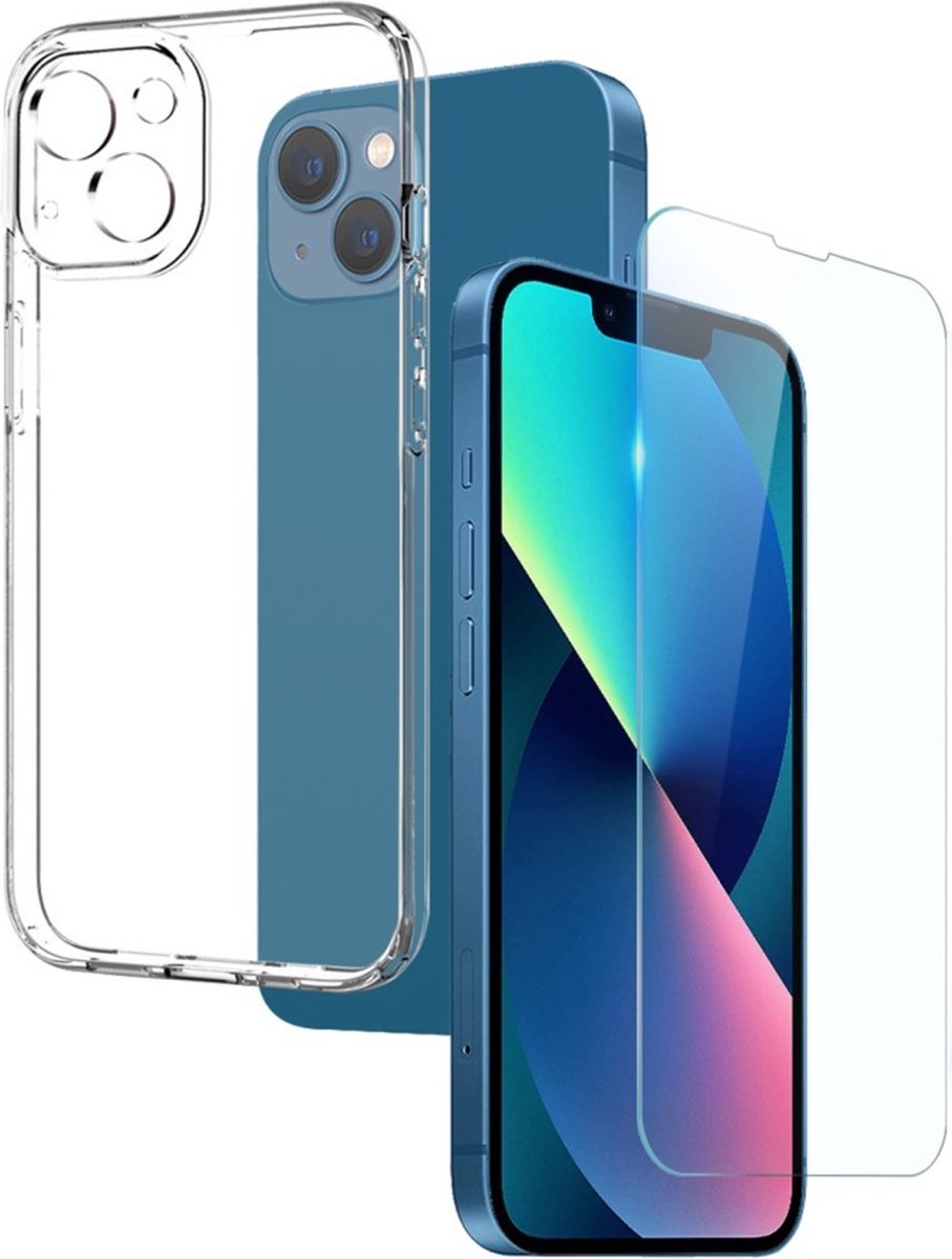 NORTHJO Hoesje - Geschikt voor iPhone 13 Hoesje - NORTHJO 2-in-1 CombiDeal - Transparant TPU Hoesje met Glazen Screen Protector - Transparant