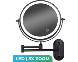 foto van Make Up Spiegel met Led Verlichting - 5X Vergroting - Wandspiegel Rond - Scheerspiegel Wandmodel - Badkamer - Douche - Zwart