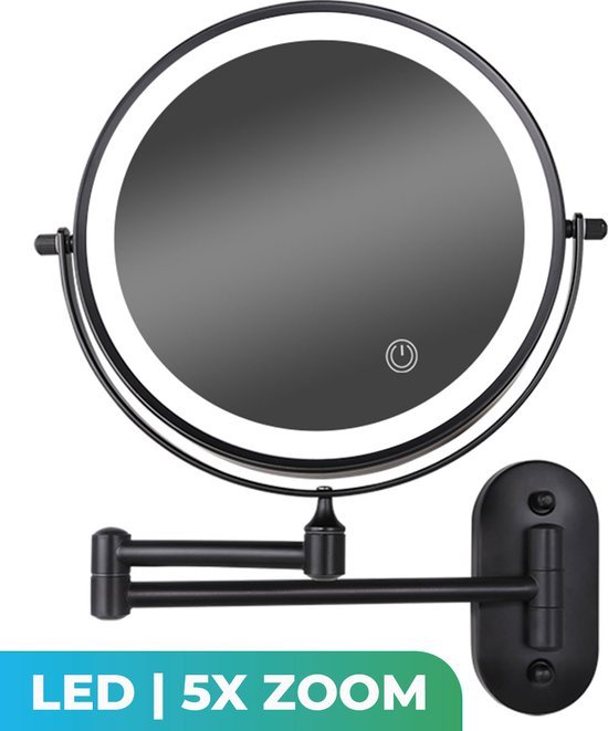 Make Up Spiegel met Led Verlichting - 5X Vergroting - Wandspiegel Rond - Scheerspiegel Wandmodel - Badkamer - Douche - Zwart