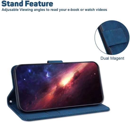 Blauw telefoonhoesje met standaardfunctie, toont telefoon in liggende modus.