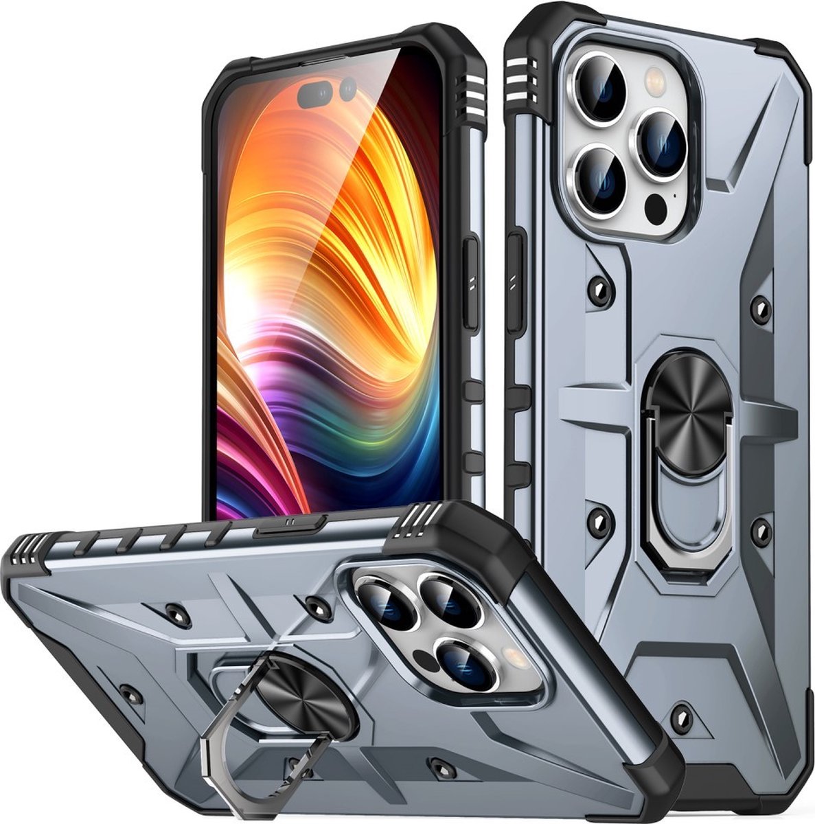 Coverup Hoesje - Geschikt voor iPhone 15 Pro Max Hoesje - Coverup Heavy Duty Ring Kickstand Back Cover - Grijs