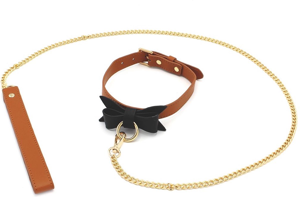Goedkoopste Bruine leren strikjes halsband met ketting