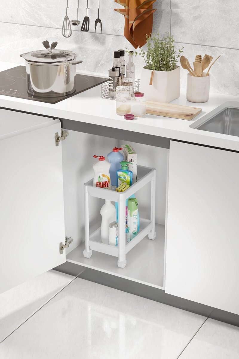 Tobeyz Wit Gootsteenkast Organizer - Keuken Organizers – Aanrecht Organiser - Kruidenrek - Gootsteen Organizer - Wit - Badkamer Organizer - Keukenrek – Tweelaags - Met gratis microvezeldoekje
