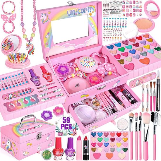 Kinder make-up set meisjes make-up koffer meisjes, 59 PCS wasbare make-up kinder make-up set meisjes speelgoed