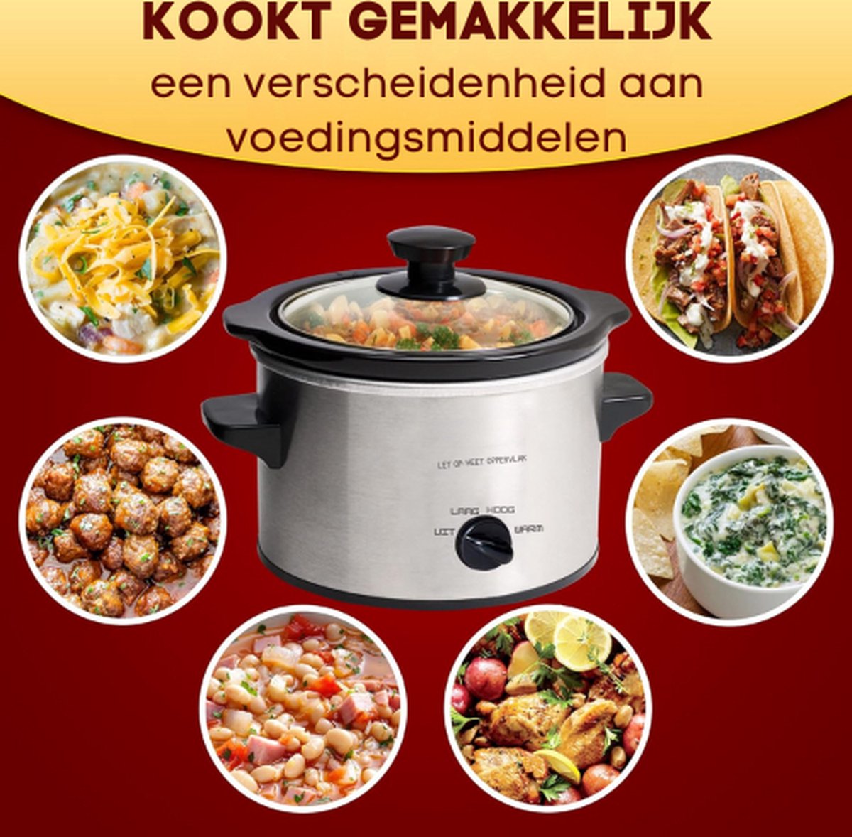 Slowcooker - Slowcookers - Kooktoestel - Vaatwasmachinebestendig - 220V - Instelbare Temperatuurfunctie - Transparante Deksel - Schoonmaakfunctie - Energiebesparende Functie - Met Warmhoudfunctie - Cool Touch Handgrepen - Afneembare Stenen Pot – foto 2