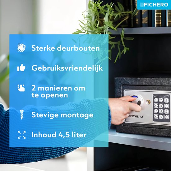 Elektronische Kluis Staal - Kluisje met Cijferslot - Geldkluis - 23 x 17 x 17 cm - 4,5 L - Vaderdag Cadeau voor Papa - Cadeaus voor Hem - Zwart - Fichero