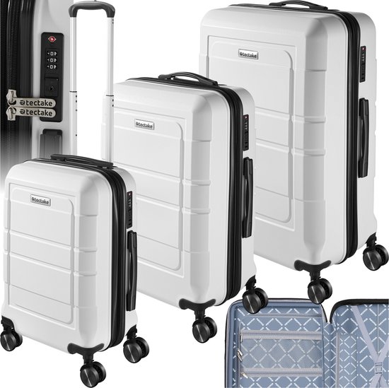 tectake® Set de valises 3 pièces - Valises ABS avec coque rigide avec revêtement supplémentaire - TSA Combination Lock - Ensemble de bagages avec valise à main (42L) et bagages enregistrés Grande valise (71L et 111L) - Blanc