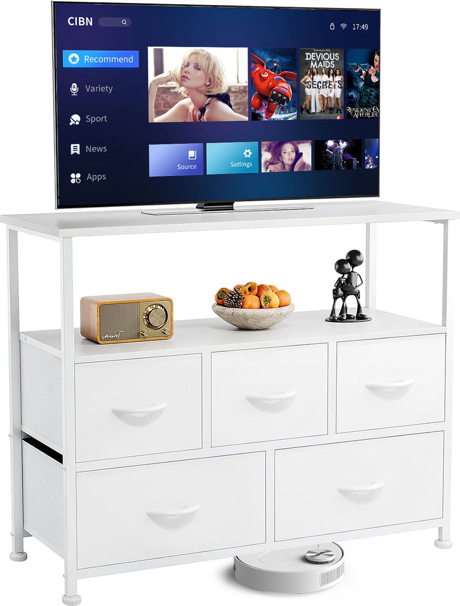 Commode TV-meubel entertainment center met 5 stoffen lades, mediatafel voor TV met open opbergruimte, opbergrek voor woonkamer, hal en entree, 100 x 30 x 80 cm (LBH).-Wit