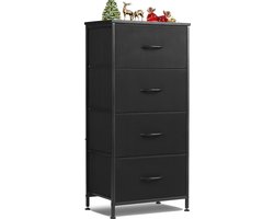 Commode kast met 4 stoffen lades, opbergkast met stevige stalen frame en houten blad, 95 cm hoog, waterproof, voor slaapkamer, woonkamer, kinderkamer, hal.-Zwart