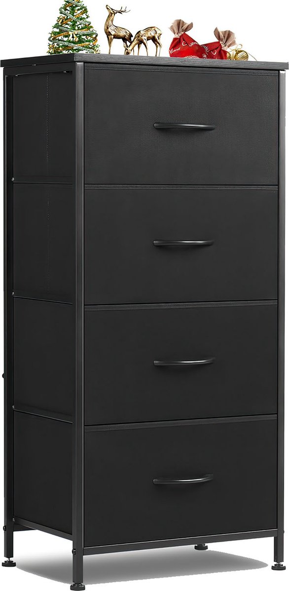 Commode kast met 4 stoffen lades, opbergkast met stevige stalen frame en houten blad, 95 cm hoog, waterproof, voor slaapkamer, woonkamer, kinderkamer, hal.-Zwart