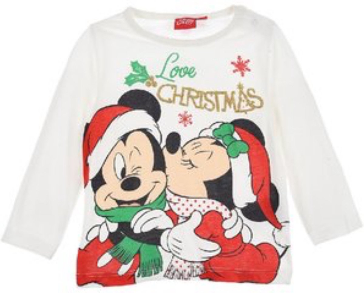 Disney Minnie en Mickey Mouse Shirt - Lange Mouw - Christmas - Kerstmis - Off White - Maat 86 (24 maanden - 86 cm lichaamslengte)