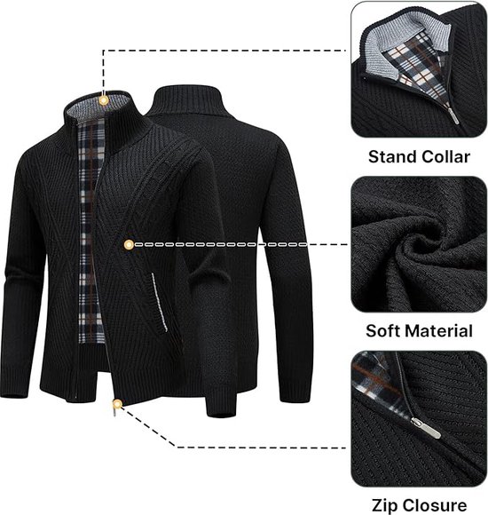 Btmpmcs Gebreid vest voor heren, thermische fleece gevoerde trui, volledige rits, opstaande kraag, herfst, winter, warme jas, lange mouwen, klassieke gebreide trui, effen, casual gebreide bovenkleding