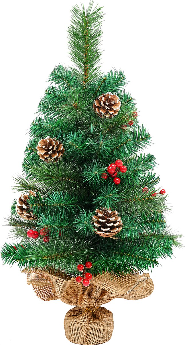 Uten Luxe uitvoering Mini Kerstboom - Mini kerstboom met decoratie - Dennenappels en Besjes - kleine kerstboom - 70 Takken - H60 x Ø44 cm