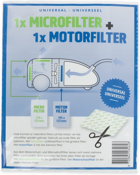 Filterset geschikt voor vrijwel alle type stofzuigers. Twee 'Cut to size' knipfilters. 1x motorfilter en 1x uitblaasfilter (microfilter).