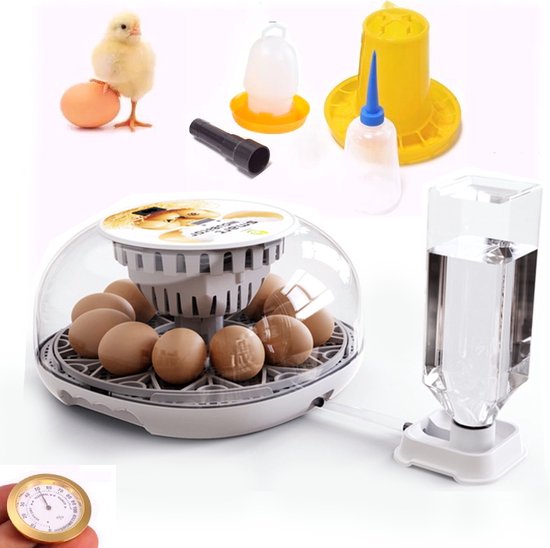 Foto: Uniegg volautomatische broedmachine inclusief 6 delig set voordelpak 7 voor 12 60 eieren met waterflesje spuitflesje schouwlampje drinkbakje voersilo en spuitflacon