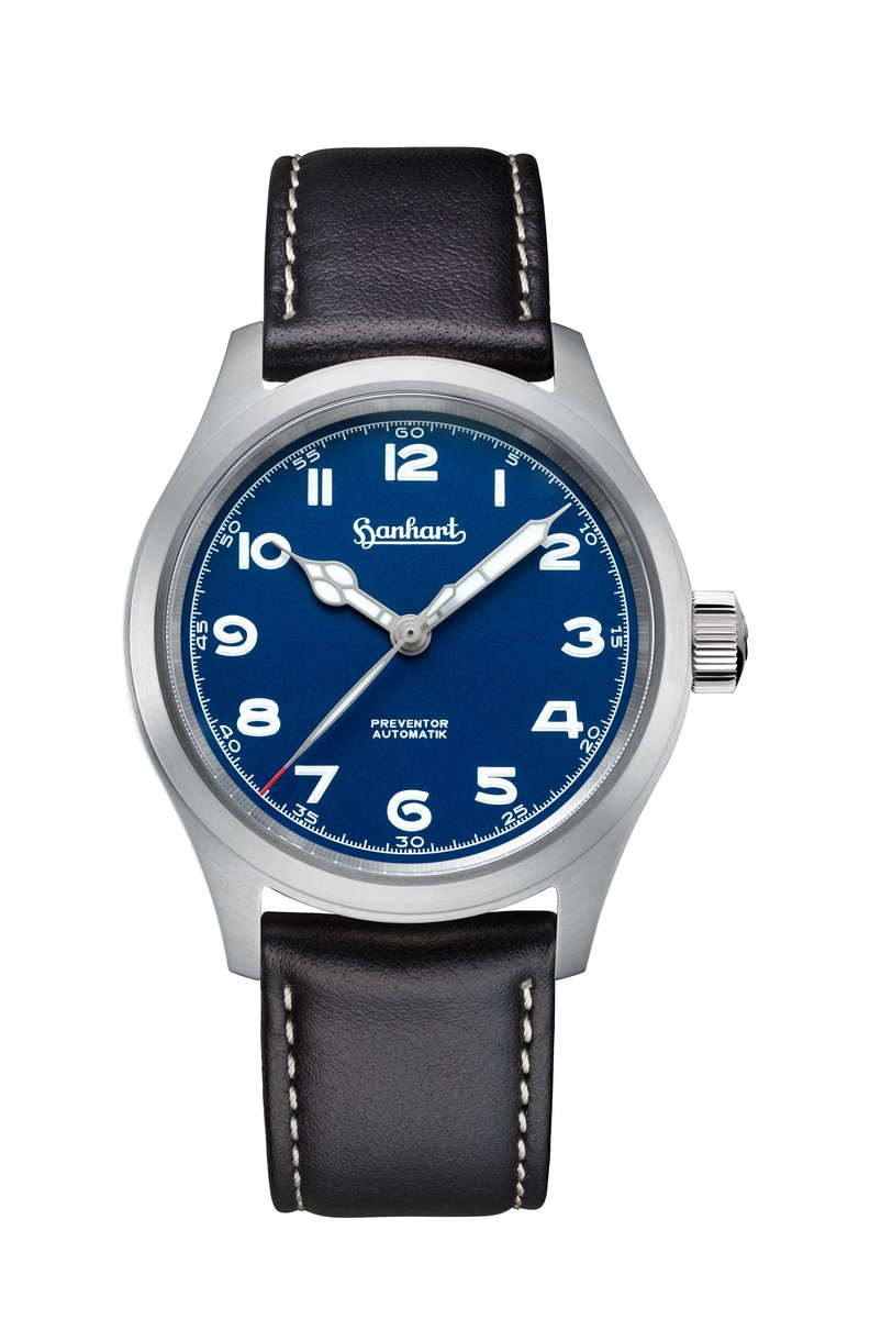 Hanhart Preventor HD12™ - Horloge blauw - Zwarte lederen band - 39 mm