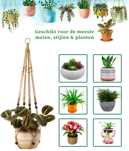 Macramé plantenhanger met gestreepte bladeren. Geïllustreerde planten in hangende potten en staande potten. Tekst 'Geschikt voor de meeste maten, stijlen & planten'.