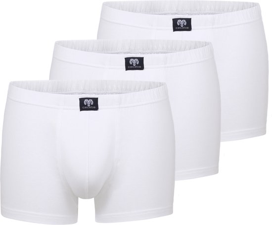 Drie witte Ceceba boxershorts op een rij, elk met een zwarte label met een ram.