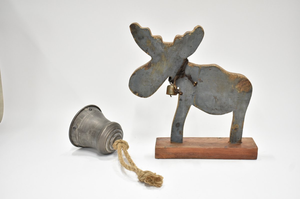 Houten Eland Moose met bel 40 x 38 cm - Decoratieve Grote Houten Moose - Decoratieve Eland - houten dier.