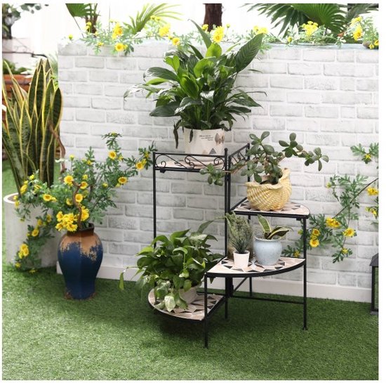 Outsunny Flower Stand 4-dekuge Flower Staircase Foldable Decorative Indoor Outdoor Garden Balcony Metal Ceramic Tiles Black Beige 64 x 64 x 72cm