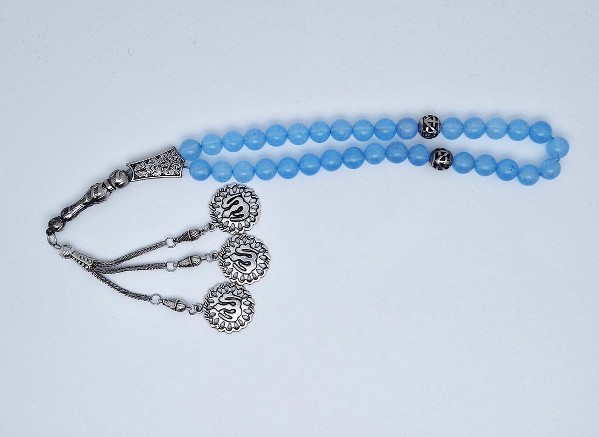 Handgemaakte tesbih "tasbih" natuursteen " Blauwe Jade " - Aantal kralen 33 - Diameter kralen 10 MM - met metaal tassel "model 3" - Een mooi cadeau-idee