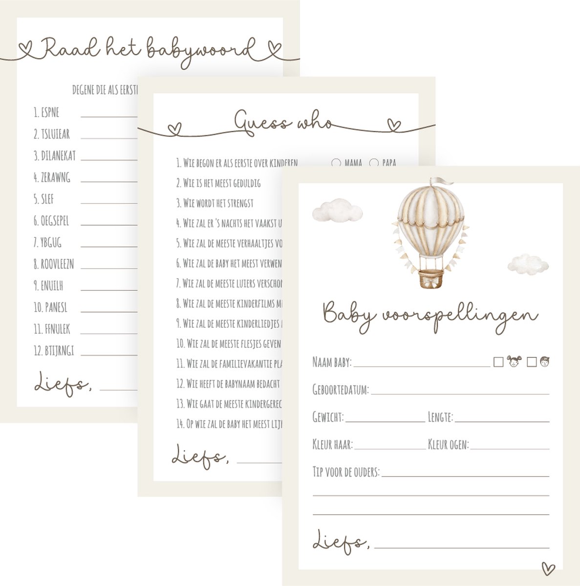 Unieke Ukkies Babyshower invulkaarten Balloon, Guess Who & Raad het babywoord - 3 x 10 stuks - A6 formaat