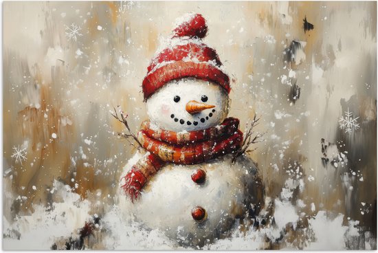 Poster 90x60 cm - Sneeuwpop - Winter - Sneeuw - Beige - Posters - Kamer decoratie - Wanddecoratie woonkamer - Muurdecoratie slaapkamer