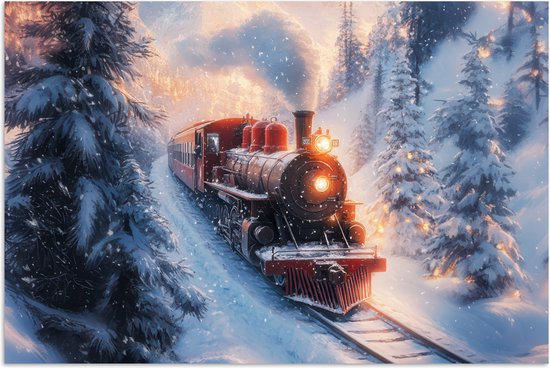 Poster 60x40 cm - Kersttrein - Sneeuw - Winter - Kerst - Posters - Kamer decoratie - Wanddecoratie woonkamer - Kerstdecoratie voor binnen - Kerstversiering - Kerstmis versiering in huis - Kerstaccessoires