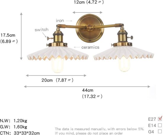 Vintage gouden 2-lichts wandlamp met aan/uit-schakelaar voor slaapkamer ...