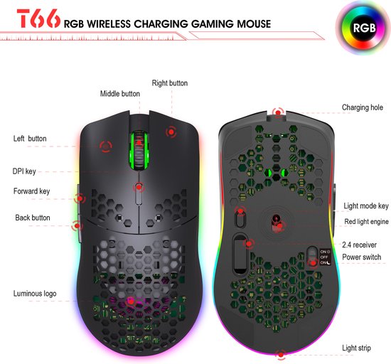 Boven- en onderkant van een zwarte T66 gamingmuis. Links de knoppen en het honingraatontwerp. Rechts de oplaadpoort en de aan/uit-schakelaar.