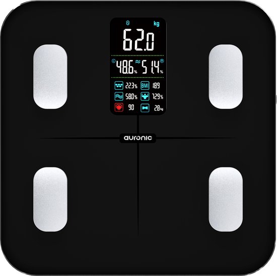 Auronic Personenweegschaal Digitaal met Lichaamsanalyse - Vetpercentage, BMI en Meer - Slimme Weegschaal - Smart Scale met App - Zwart