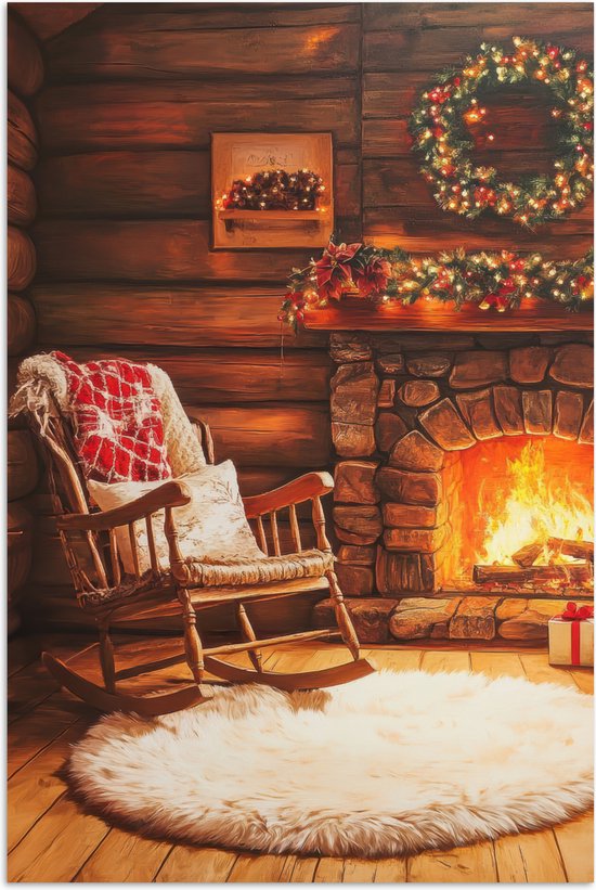 Poster 60x90 cm - Winter - Kerst - Huis - Openhaard - Posters - Kamer decoratie - Wanddecoratie woonkamer - Kerstdecoratie voor binnen - Kerstversiering - Kerstmis versiering in huis - Christmas decorations