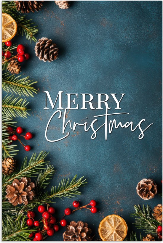 Poster 60x90 cm - Merry Christmas - Blauw - Kerst - Winter - Posters - Kamer decoratie - Wanddecoratie woonkamer - Kerstdecoratie voor binnen - Kerstversiering - Kerstmis versiering in huis - Christmas decorations