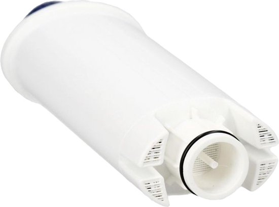 Wit waterfilter met blauwe dop, de onderkant is zichtbaar met zes uitsteeksels en een filtergaasje.