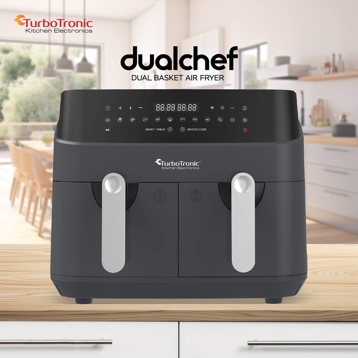 Afbeelding 2 van Turbotronic Airfryer XXL DualChef - 9L - 1600W - Heteluchtfriteuse - Dubbele Mand - 2 x 4.5L - 50ºC tot 200ºC - 10 Kookprogramma's - Grijs