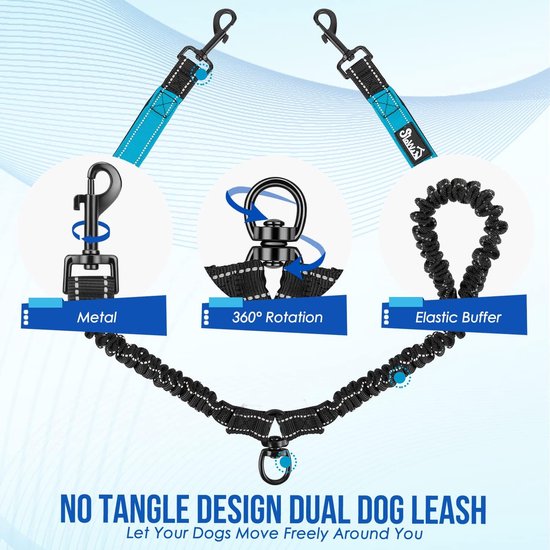 Filo Dubbele Hondenriem Voor 2 Honden - 360 Graden Roterend Elastisch Duo Hondenlijn Leiband Hond Honden Riem