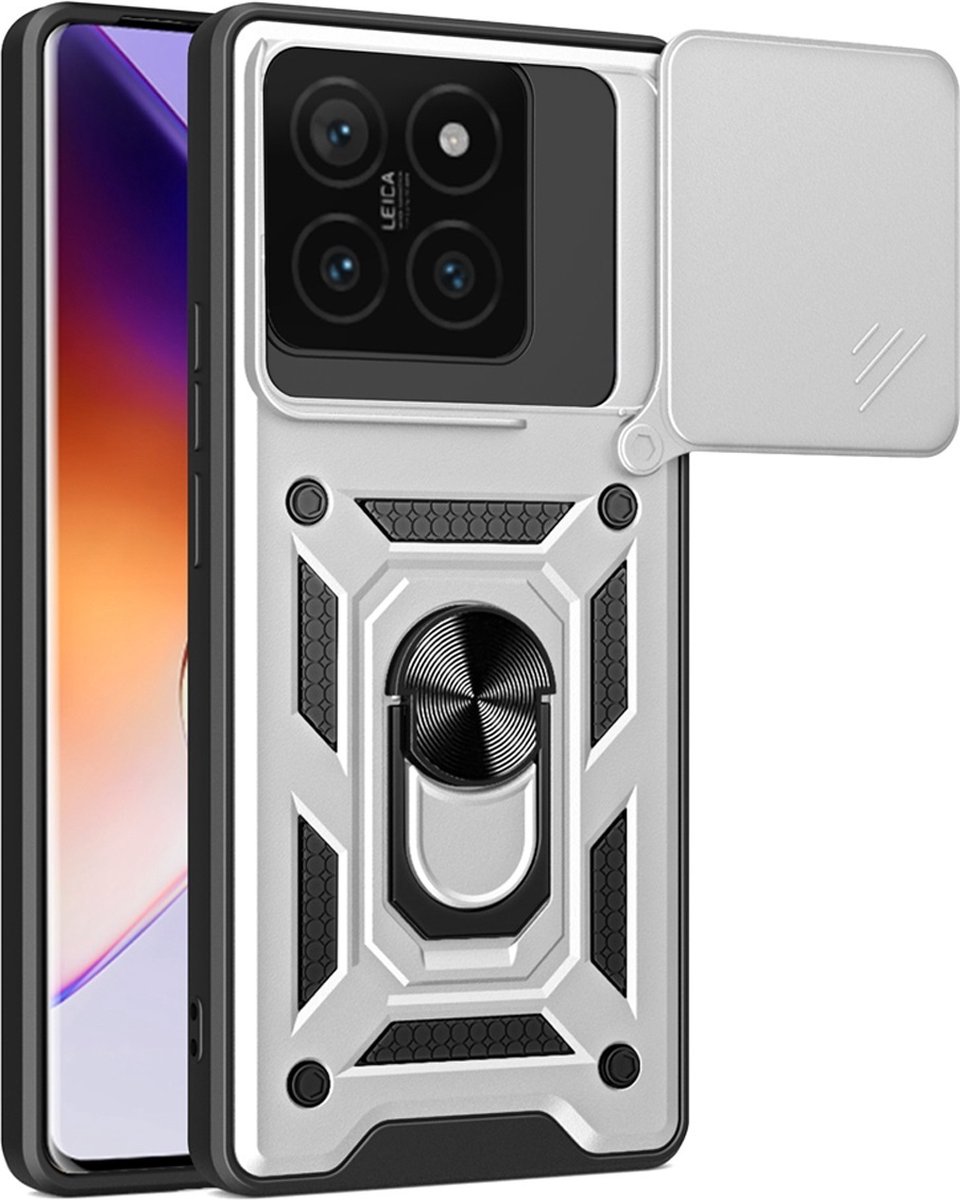 MobyDefend Hoesje - Geschikt voor Xiaomi 14T - Pantsercase Met Draaibare Ring - Zilvergrijs