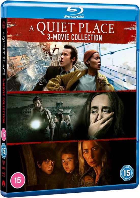 Blu-ray hoes van 'A Quiet Place 3-Movie Collection' met drie afbeeldingen van de films. Titel bovenaan.