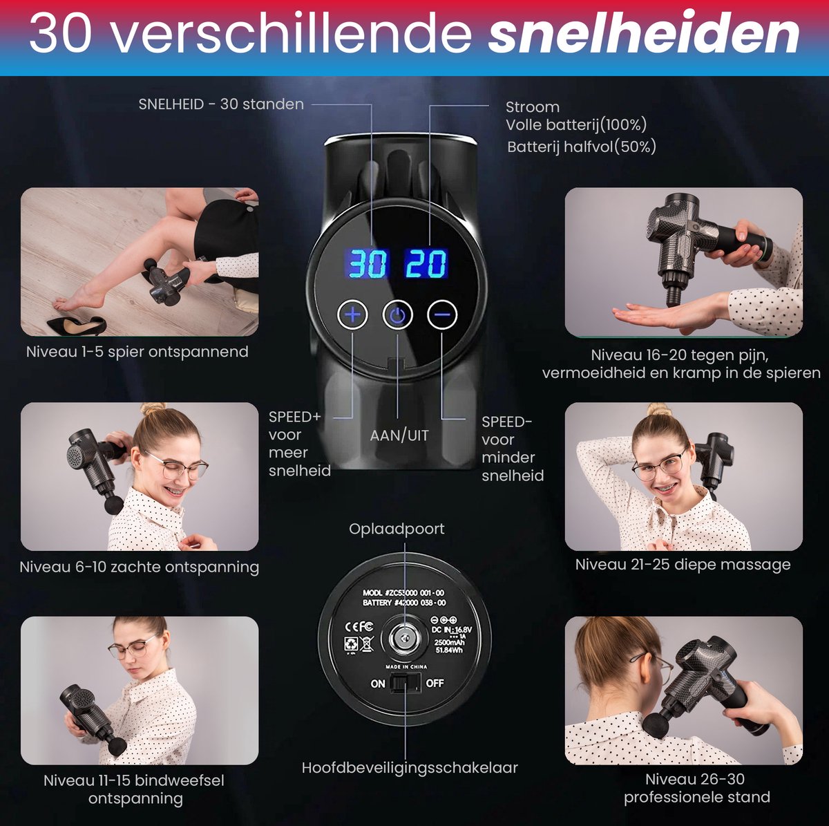 Afbeelding 3 van ClinicDoctor® Massage Gun – 60 Snelheden – Stil & Krachtig – Ontspanning & Spierherstel – 6 Opzetstukken – Draadloos – Carbon Design