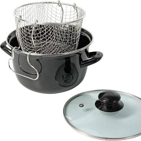 Poêle noire Equivera avec panier à frire à l'intérieur, couvercle en verre à côté, avec logo.
