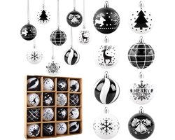 oCreon 16 Stuks Zwart-Witte Onbreekbare Kerstballen - Grote Hangende Versieringen voor Kerst en Feestdagen