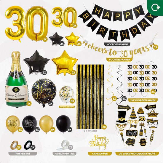 Fissaly 30 Jaar Verjaardag Decoratie Versiering - Ballonnen – Jubileum Man & Vrouw - Zwart en Goud