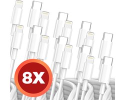 8 stuks - Geschikt voor iPhone - Oplaad Kabel USB-C Lightning - 1 meter - 12 / 12 PRO / 12 PRO MAX / 11/ 11 PRO (MAX) / XS / XR/ X / iPhone 8 / 8 Plus/ iPhone SE/ 6 / 5 / 5SE - premium kwaliteit - Oplaadkabel - wit