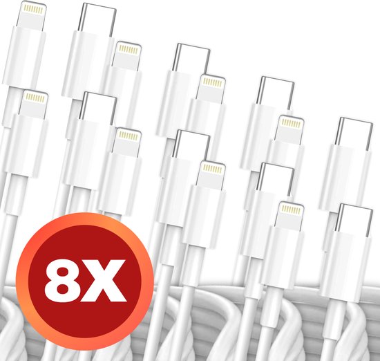 8 stuks - Geschikt voor iPhone - Oplaad Kabel USB-C Lightning - 1 meter - 12 / 12 PRO / 12 PRO MAX / 11/ 11 PRO (MAX) / XS / XR/ X / iPhone 8 / 8 Plus/ iPhone SE/ 6 / 5 / 5SE - premium kwaliteit - Oplaadkabel - wit