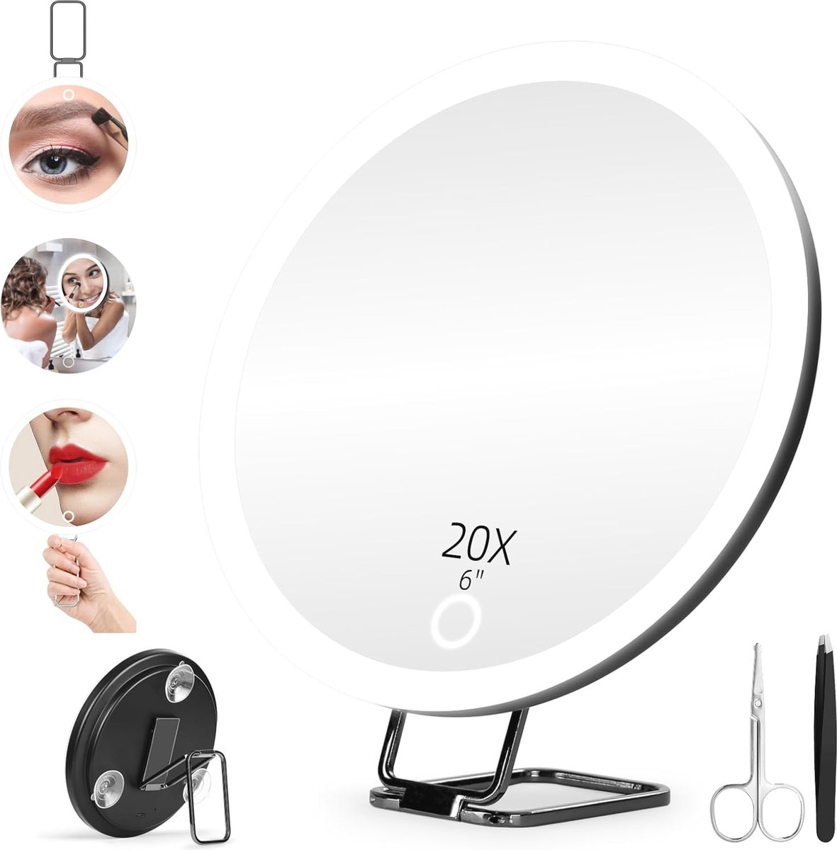 Verlichte Vergrootspiegel met Dimfunctie en Zuignappen - 15cm Oplaadbare Make-up Spiegel