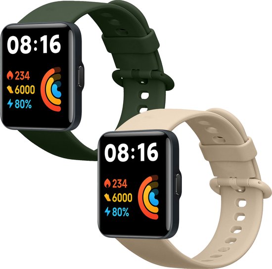 Deux montres connectées avec des bracelets vert foncé et beige. L'écran affiche l'heure 08:16 et des données d'activité.