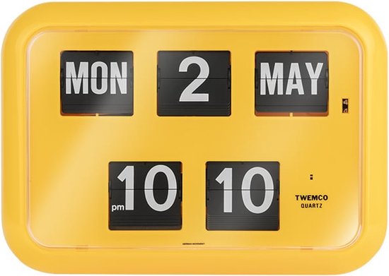 Twemco QD-35 - Flipklok - Geel - Flip Klok - Engelse Datum - 12-uurs tijdsaanduiding (AM/ PM) - Retro Klok - Wandklok - Tafelklok - Datumklok - Klok Met Datum - Klok Met Dag - Kalenderklok - Digitale Tijdsaanduiding - Wandklok Woonkamer