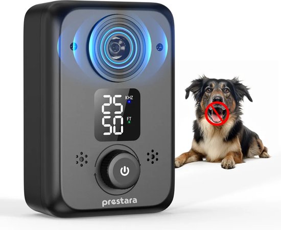 Zwart Prestara anti-blafapparaat naast een hond met een rood "verboden te blaffen" symbool.